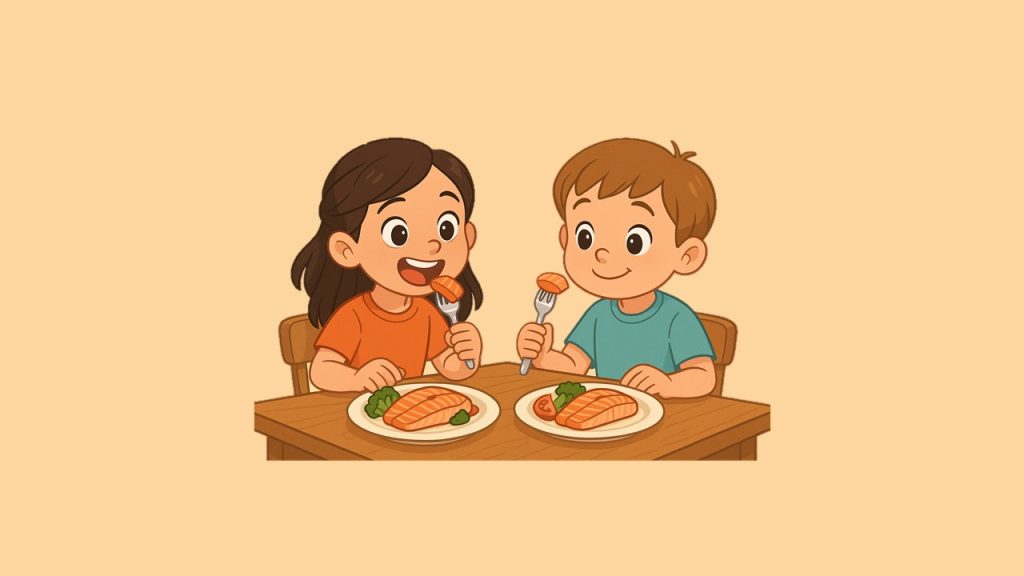 아이들이 연어를 먹고 있다. 그 연어는 양식장에서 길러져서 마트에서 판매되고 있는 연어다.