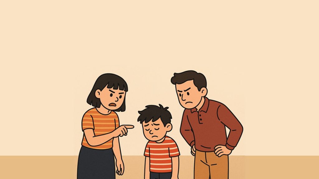 아이의 잘못한 행동에 부모가 꾸짖고 있다.